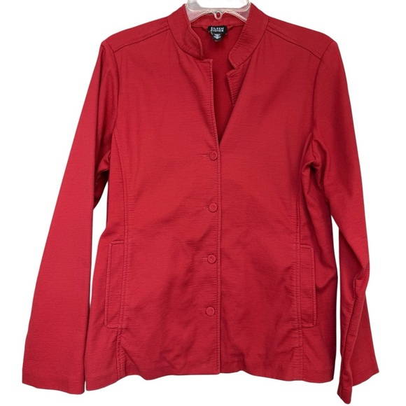 Eileen Fisher Textured Pique Cotton Jacket Sz Medium Red Orange Lightweight - Picture 7 of 7